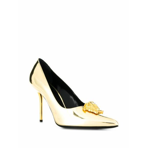 Versace Medusa Head Palazzo Tribute Gold Metallic Patent Leather Heel Pump 38 - Picture 2 of 8